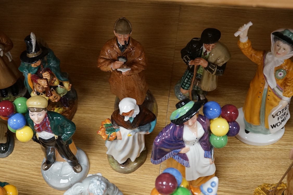 A collection of Royal Doulton figures to include The Old Balloon Seller, Doctor, Votes for Women and The Detective